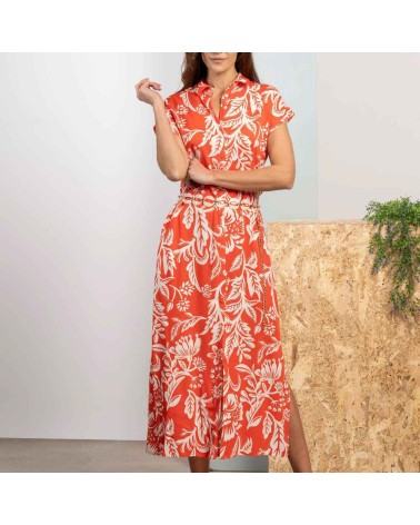 Vestido Roberto Bassi coral hojas 