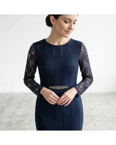 Vestido Azul Noche Encaje Combinado